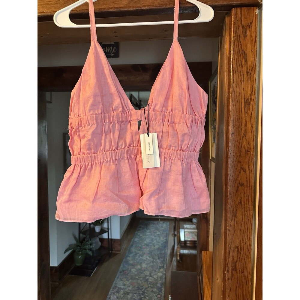 a loves a Pink Smocked V-Neck Spaghetti Strap Ramie Camisole Top Women's L